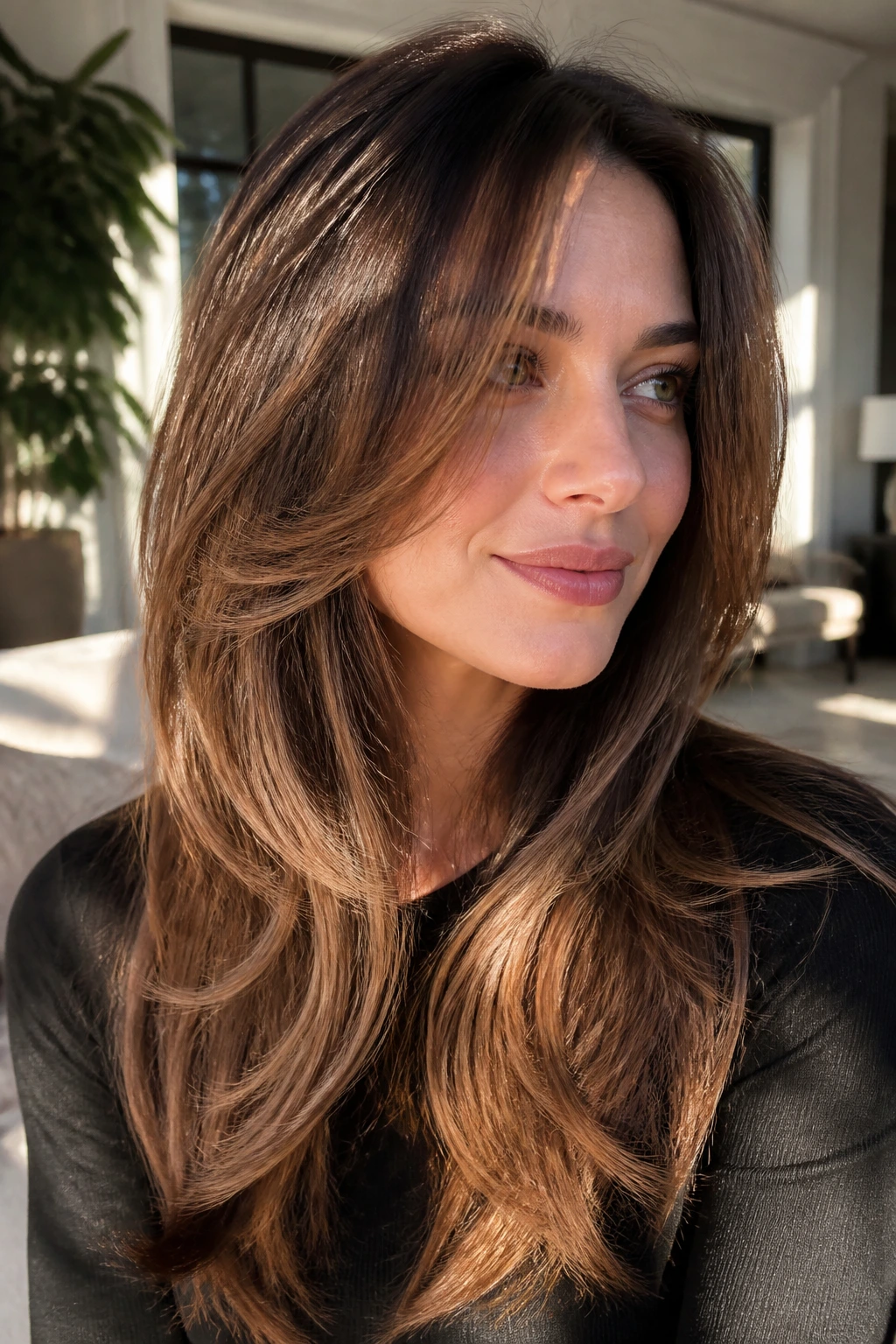 Real woman with latte brunette layers and subtle front pieces.