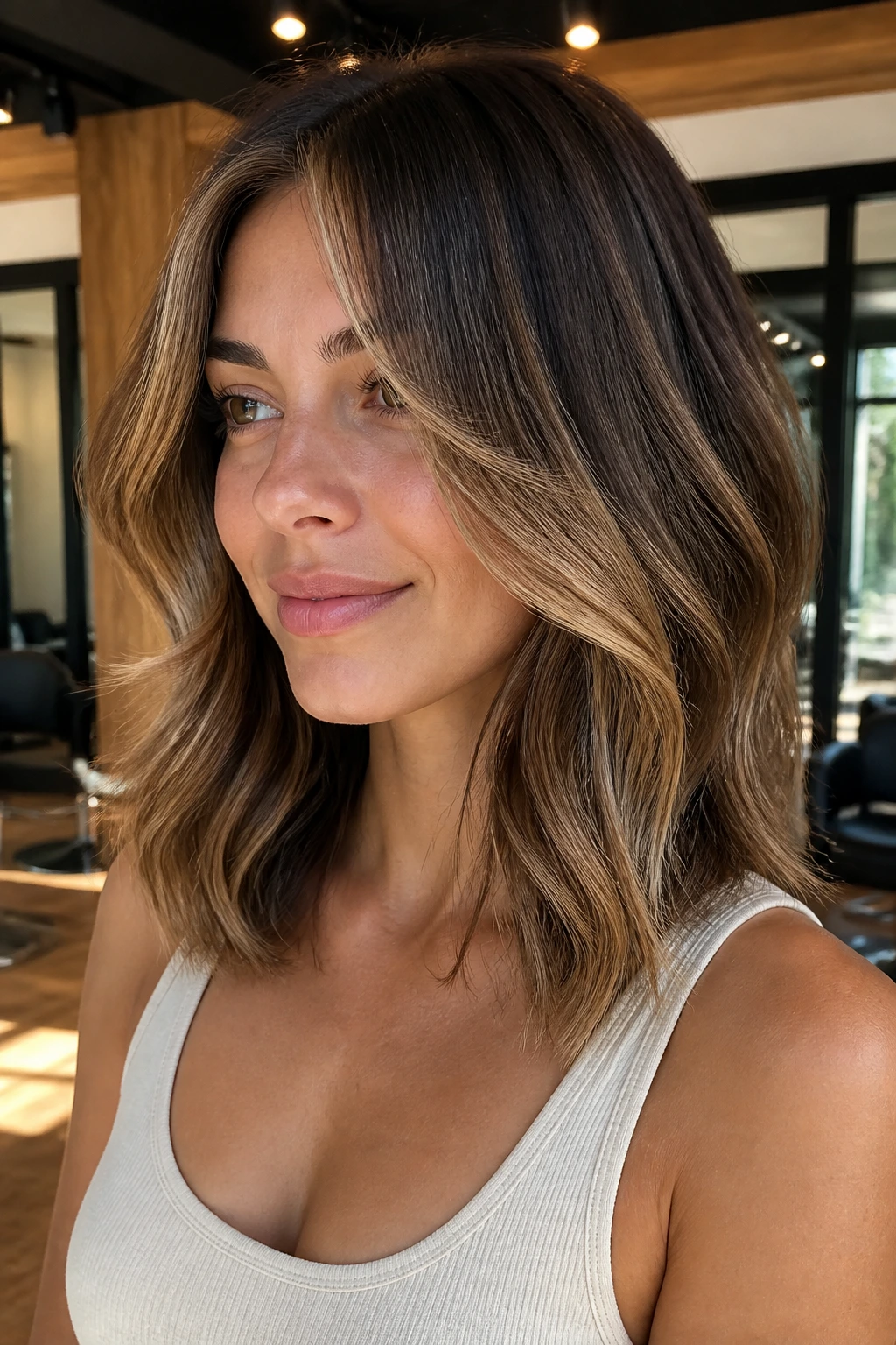 Shoulder-length brunette hair with latte lights and beige highlights