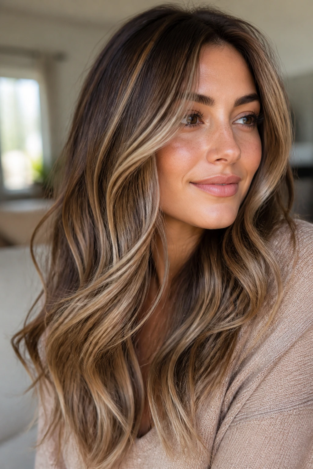 Portrait of a woman with latte swirl highlights on brunette hair.