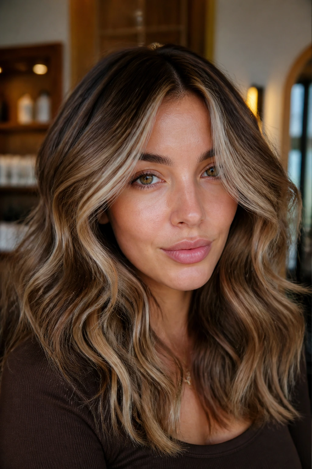 Close-up of a real woman showing latte swirl frame highlights framing the face