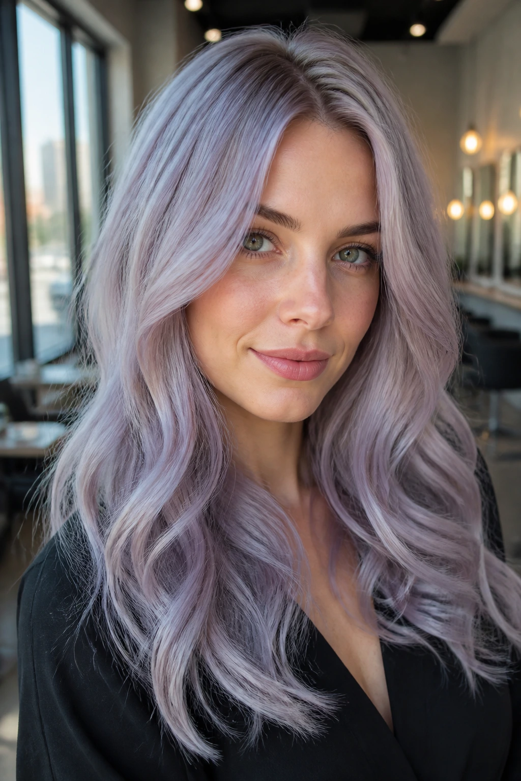 Woman with lavender ash tint hair on pale blonde base