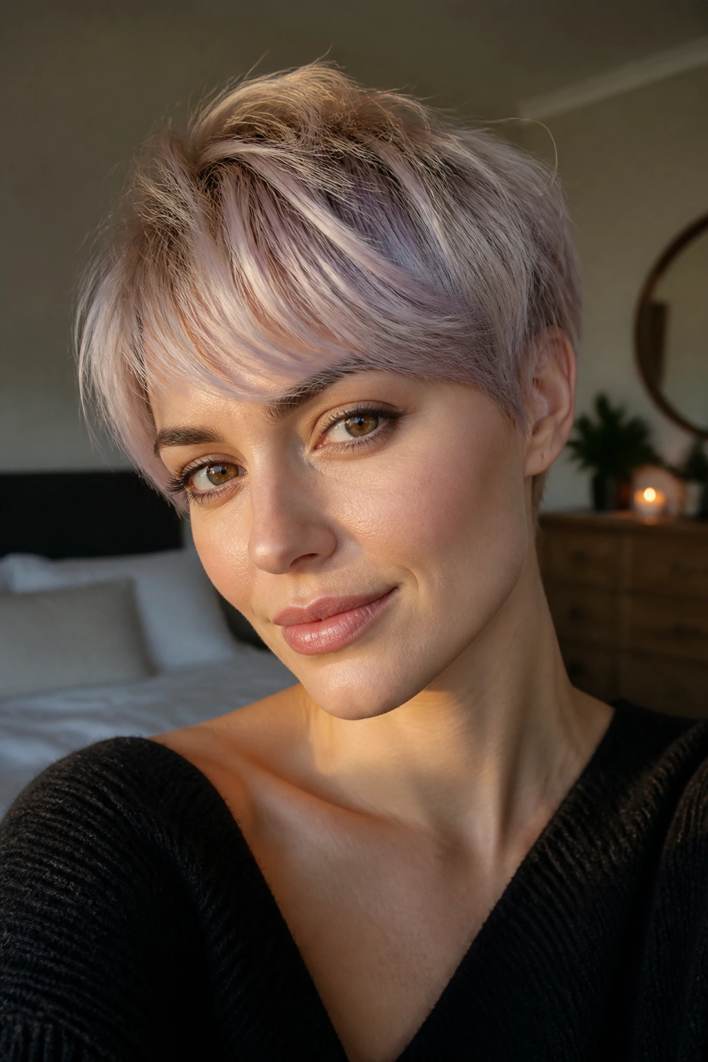 Close-up portrait of a real woman with a lavender-tinted blonde crop in window light