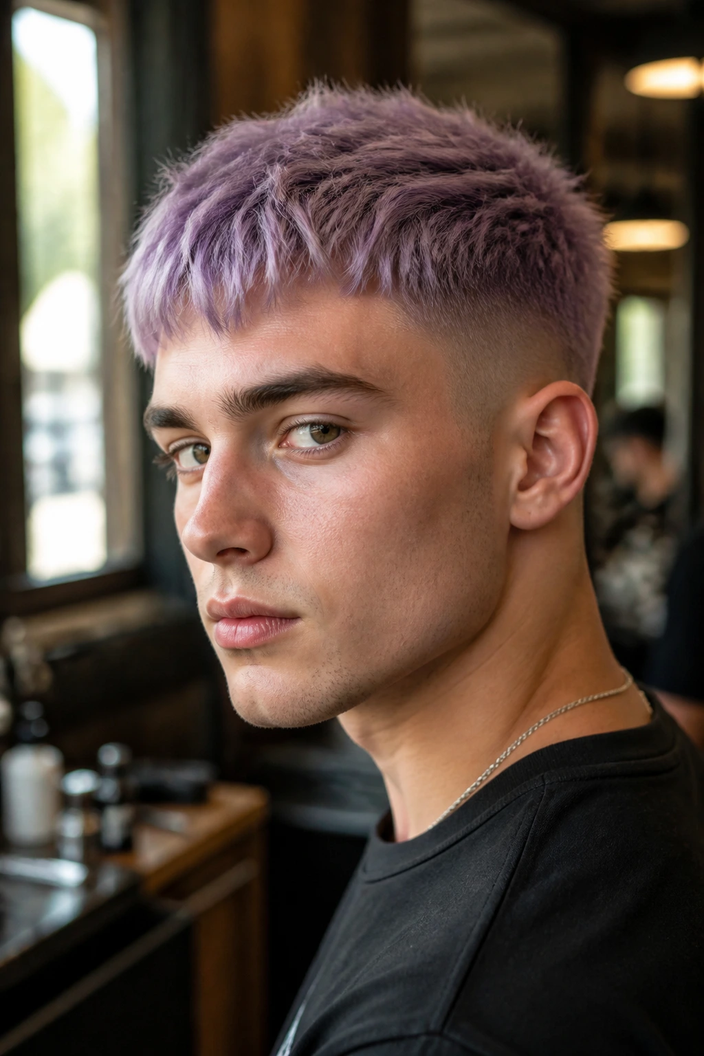 Close-up portrait of a man with a lavender crop haircut in a warm barbershop