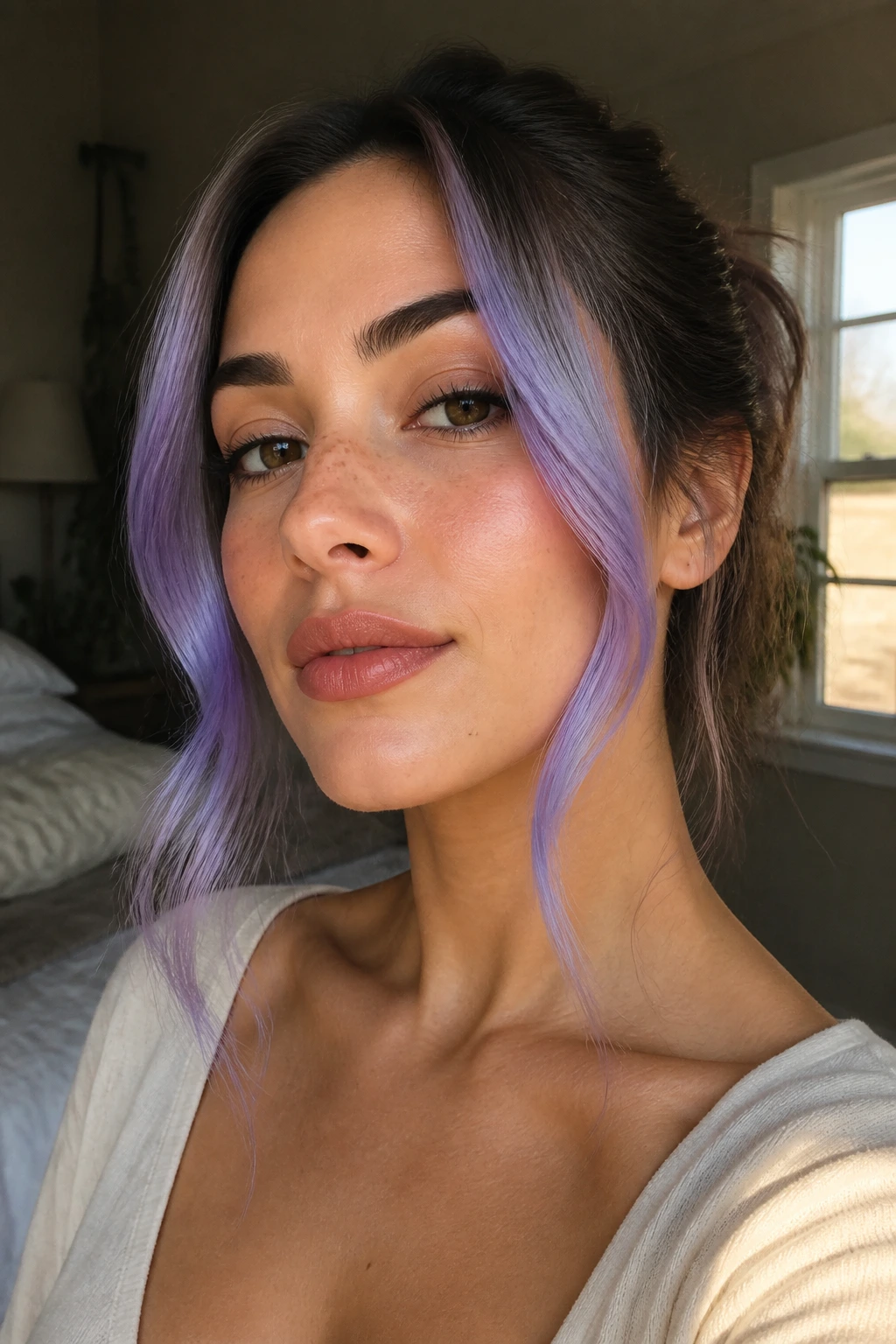 Close-up of a real woman with soft lavender face-framing pieces around her cheeks in warm bedroom light