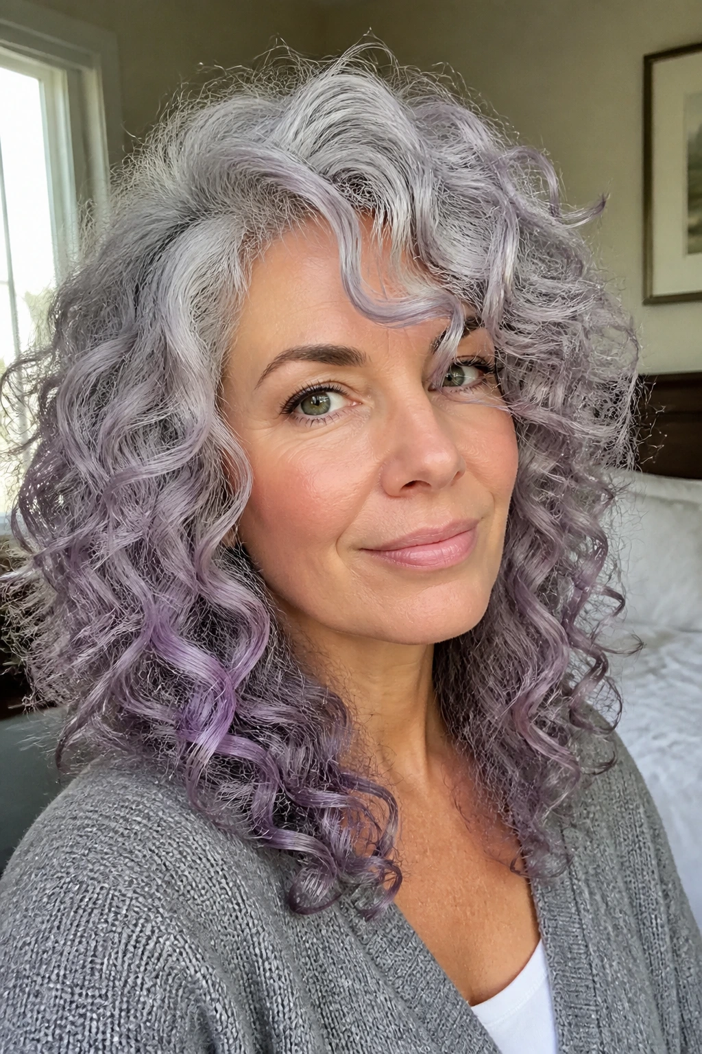 Medium close-up of a person with lavender-tinted silver curls