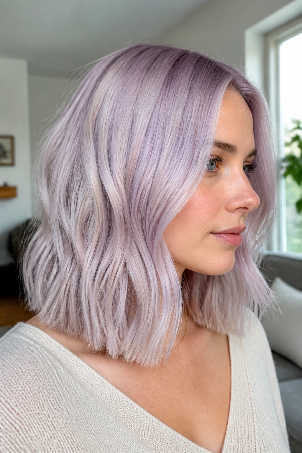 Close-up of lavender cream lob on a real woman with blunt cut