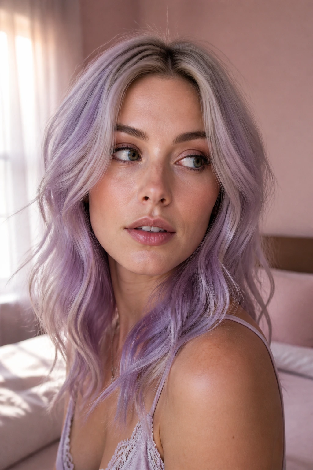 Portrait of a real woman with lavender haze hair in sheer lilac tones