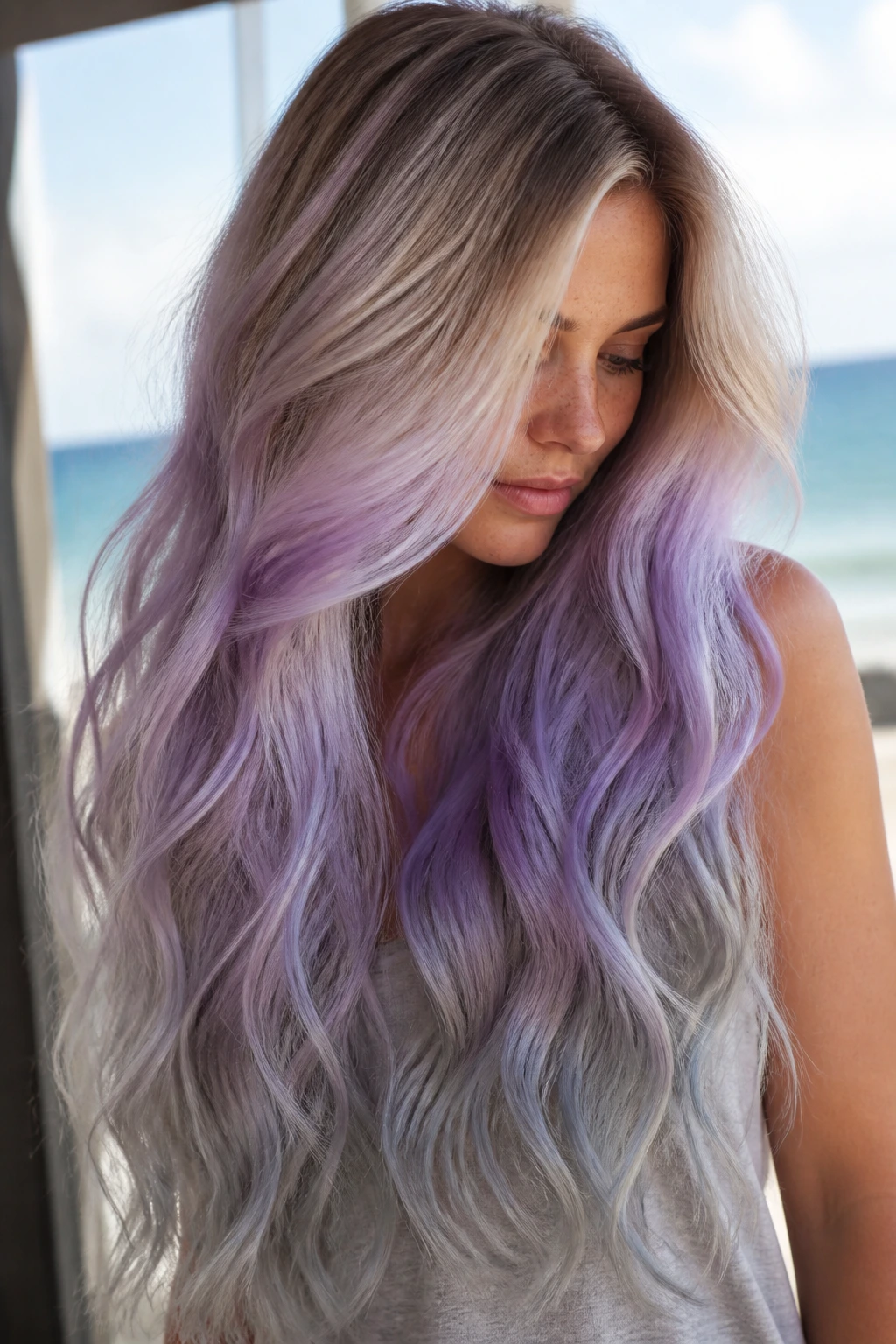 Close-up of a real woman with long hair transitioning to lavender ends with cool smoke
