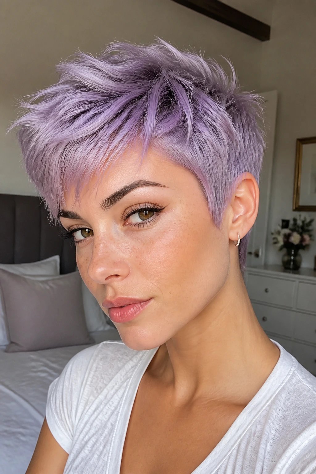 Close-up portrait of a woman with a lavender pixie cut