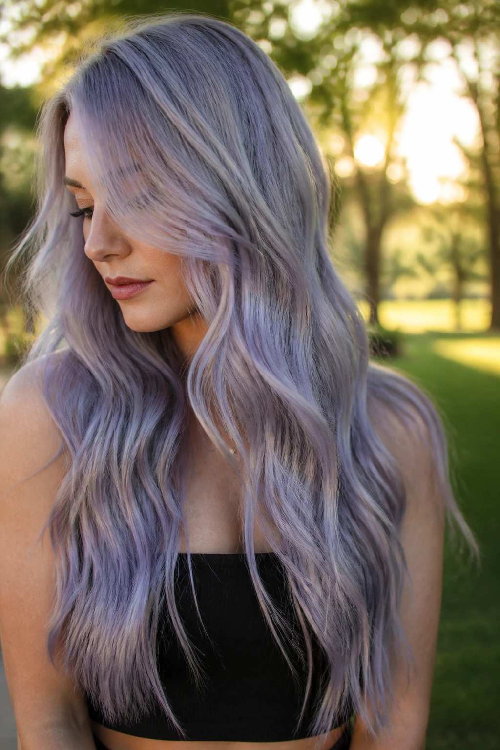 Real woman with lavender-silver glaze hair in natural light