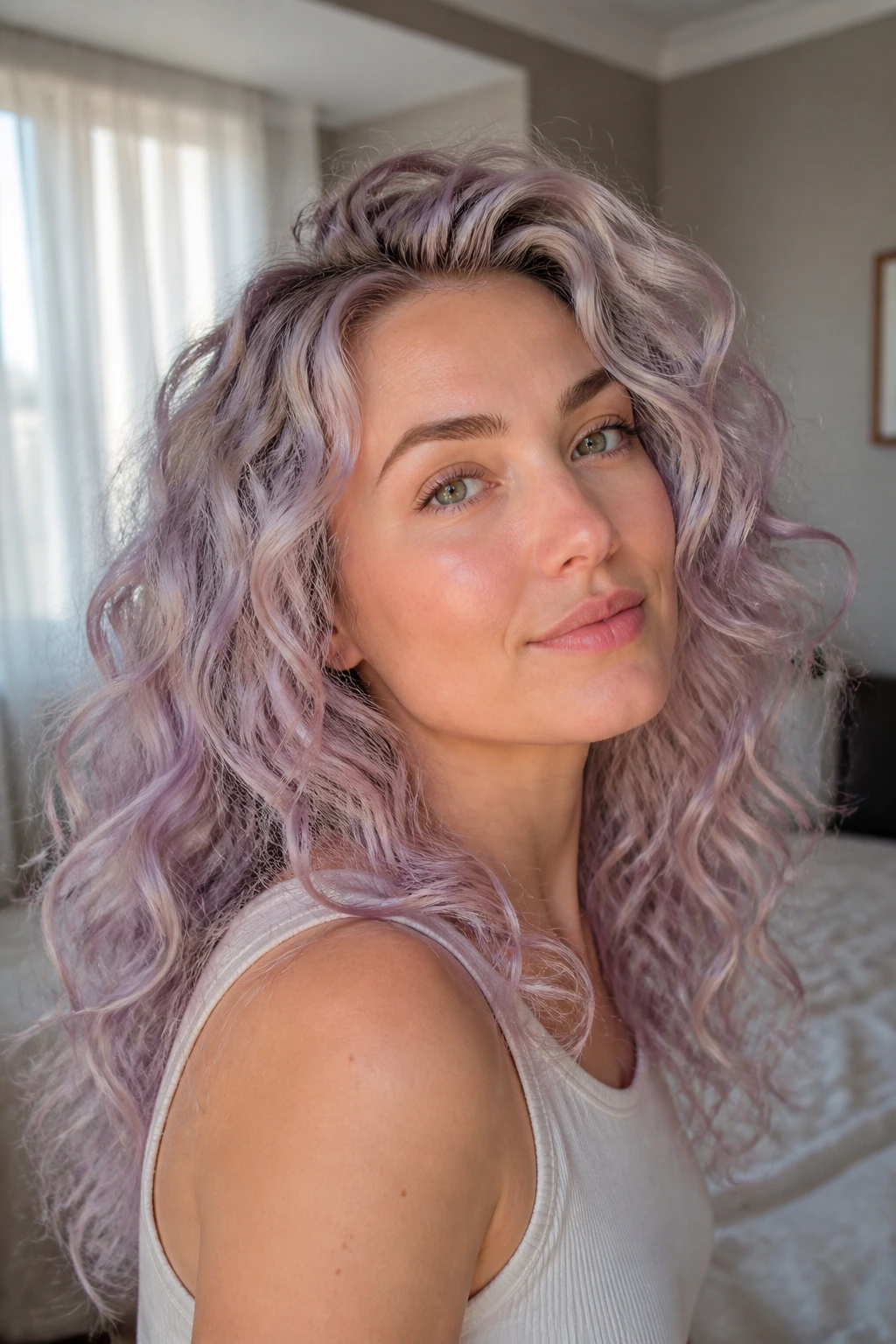 Close-up of a real woman with lavender silver glaze on curly hair in a sunlit bedroom