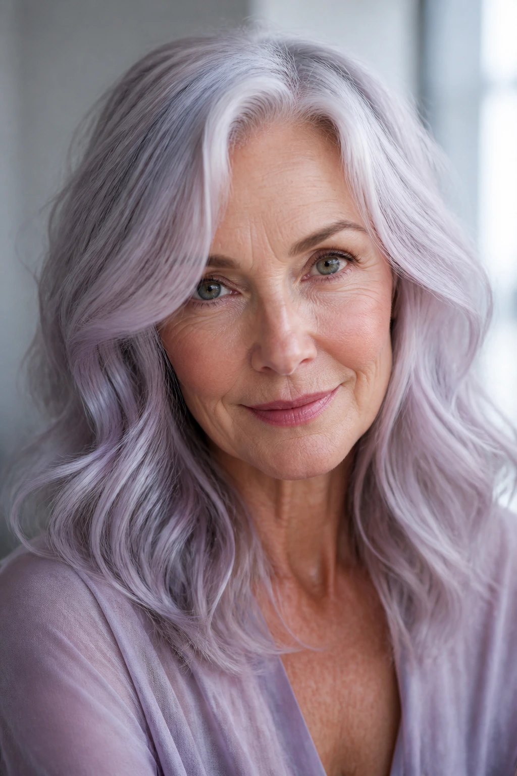 Close-up of a real woman with lavender-silver tinted hair
