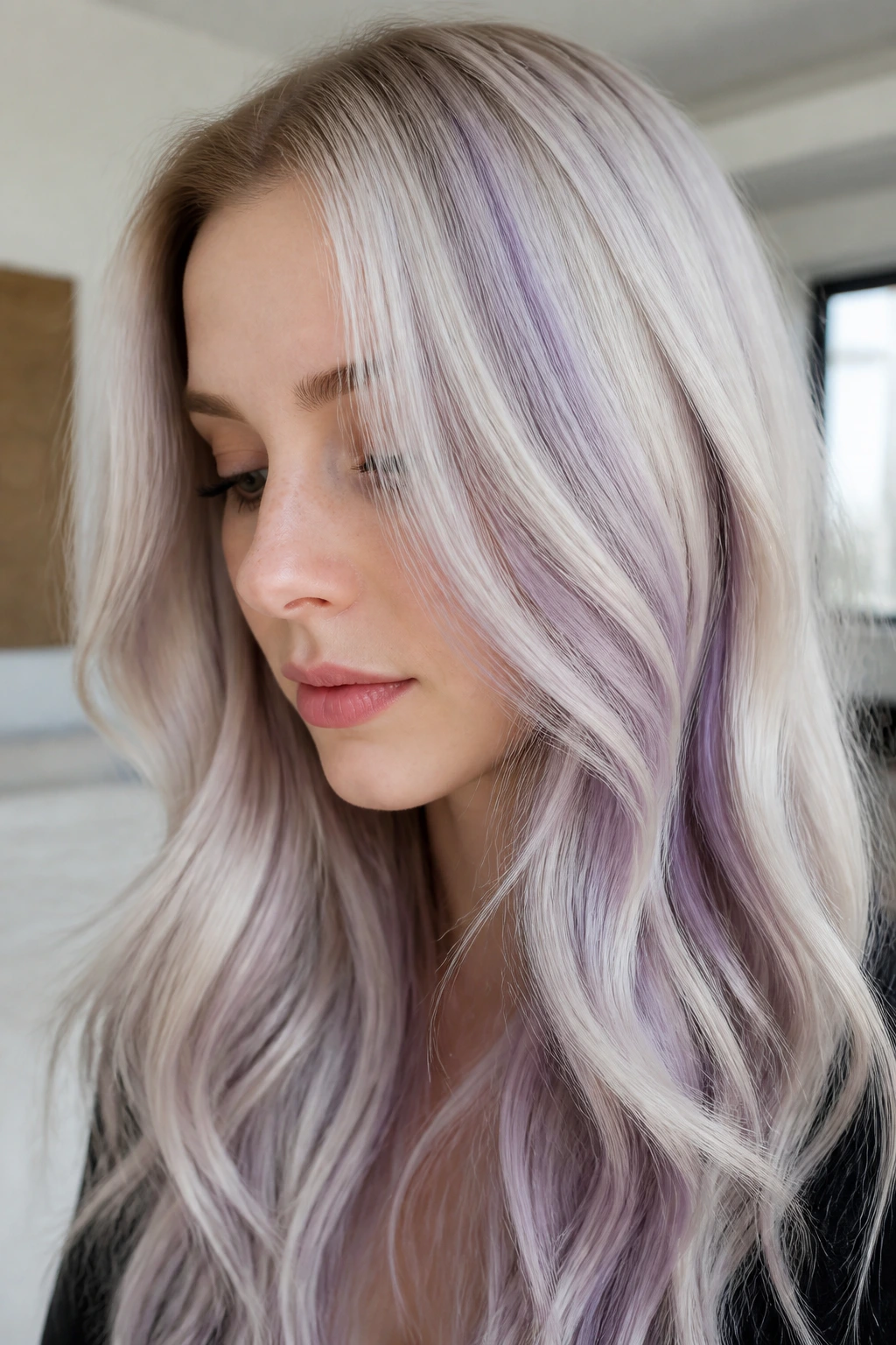 Close-up of blonde hair with lavender smoke highlights