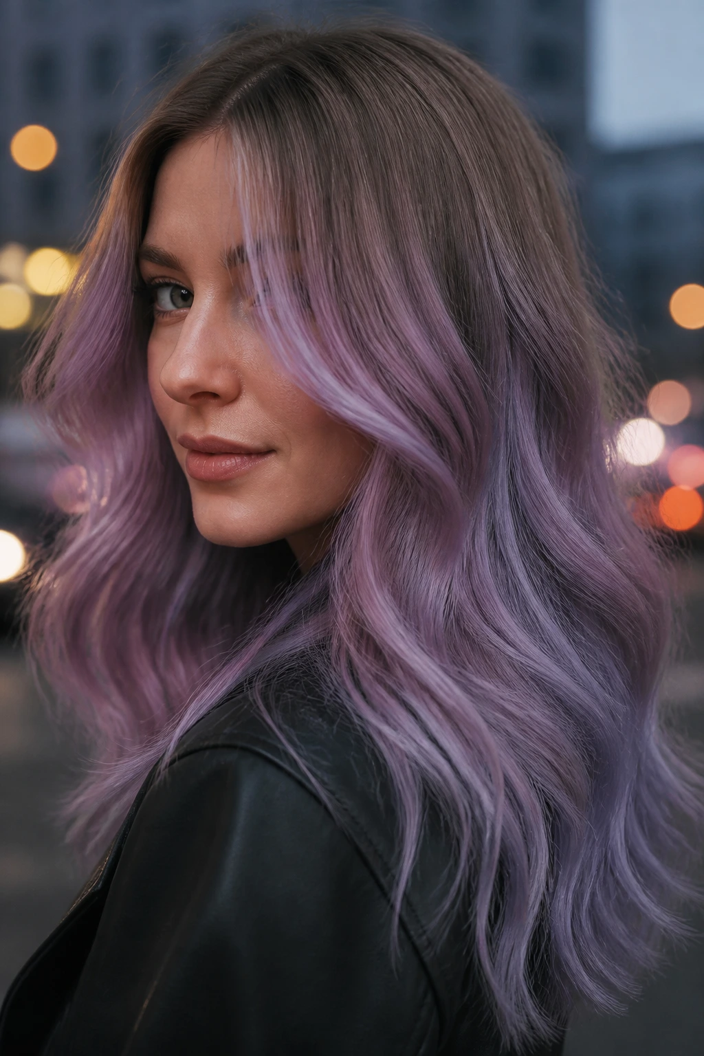 Close-up portrait of a real person with Lavender Smoke Melt hair featuring deep roots, lilac mids, and lavender ends.