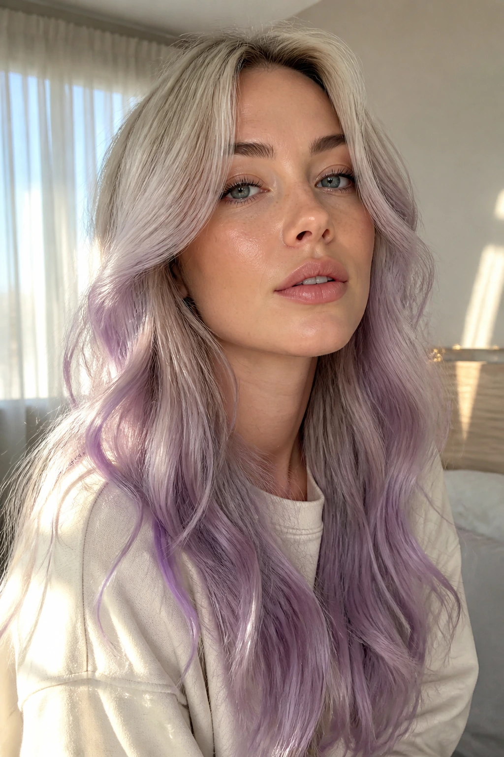 Close-up portrait of a real woman with lavender smoke ombre hair on pale blonde base in a sunlit bedroom