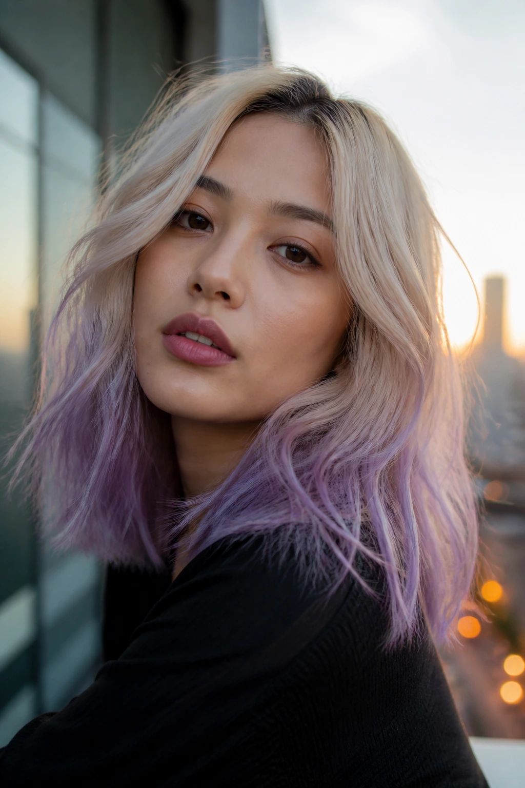 Real woman with lavender smoke ombre on medium-length hair in warm outdoor light