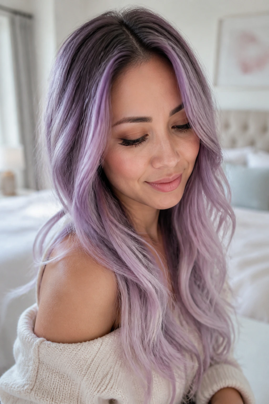 Close-up of a real woman with lavender smoke ombre on long hair