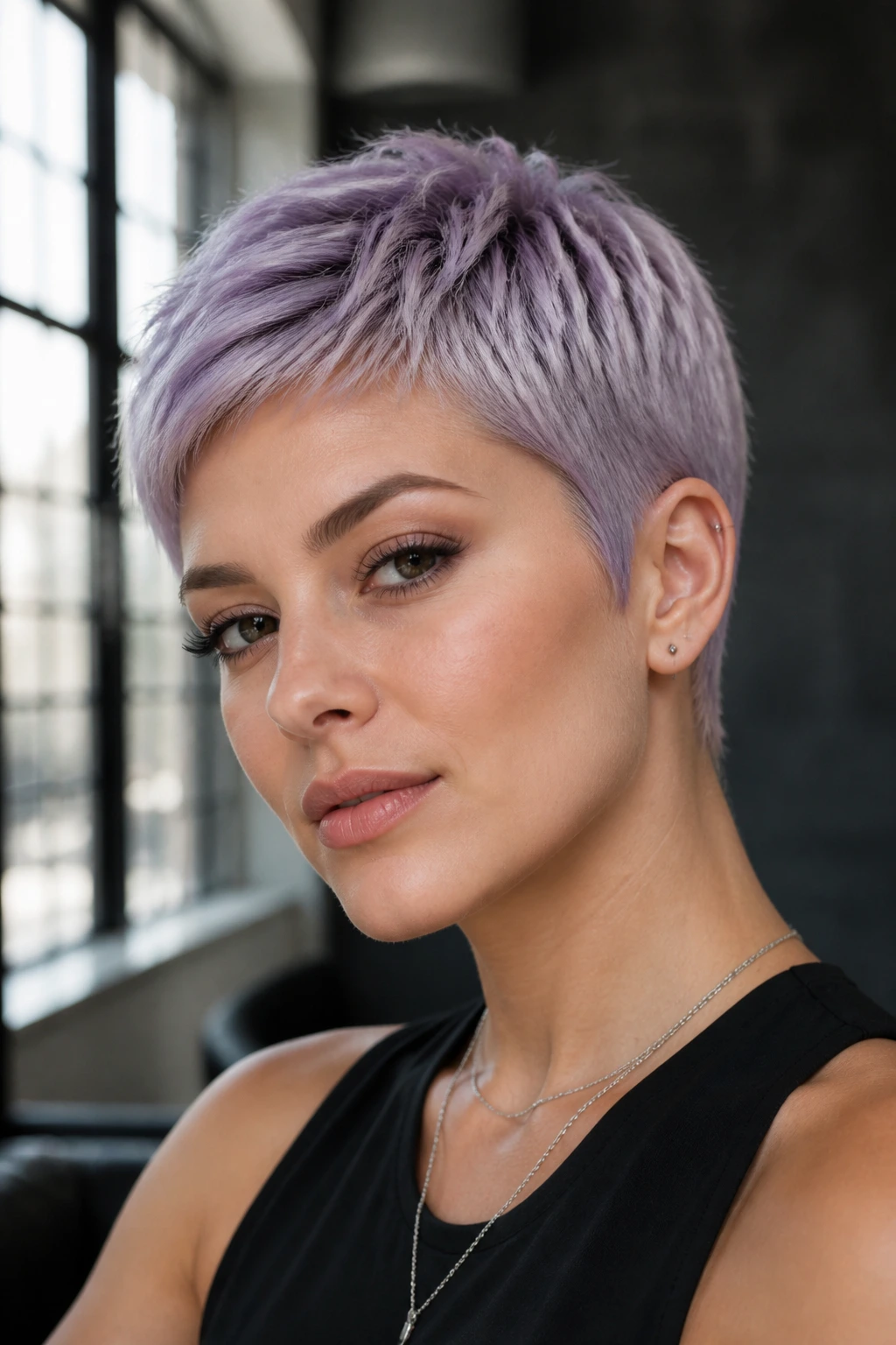 Close-up of a real person with lavender smoke pixie showing pale base and lavender-silver-gray tones