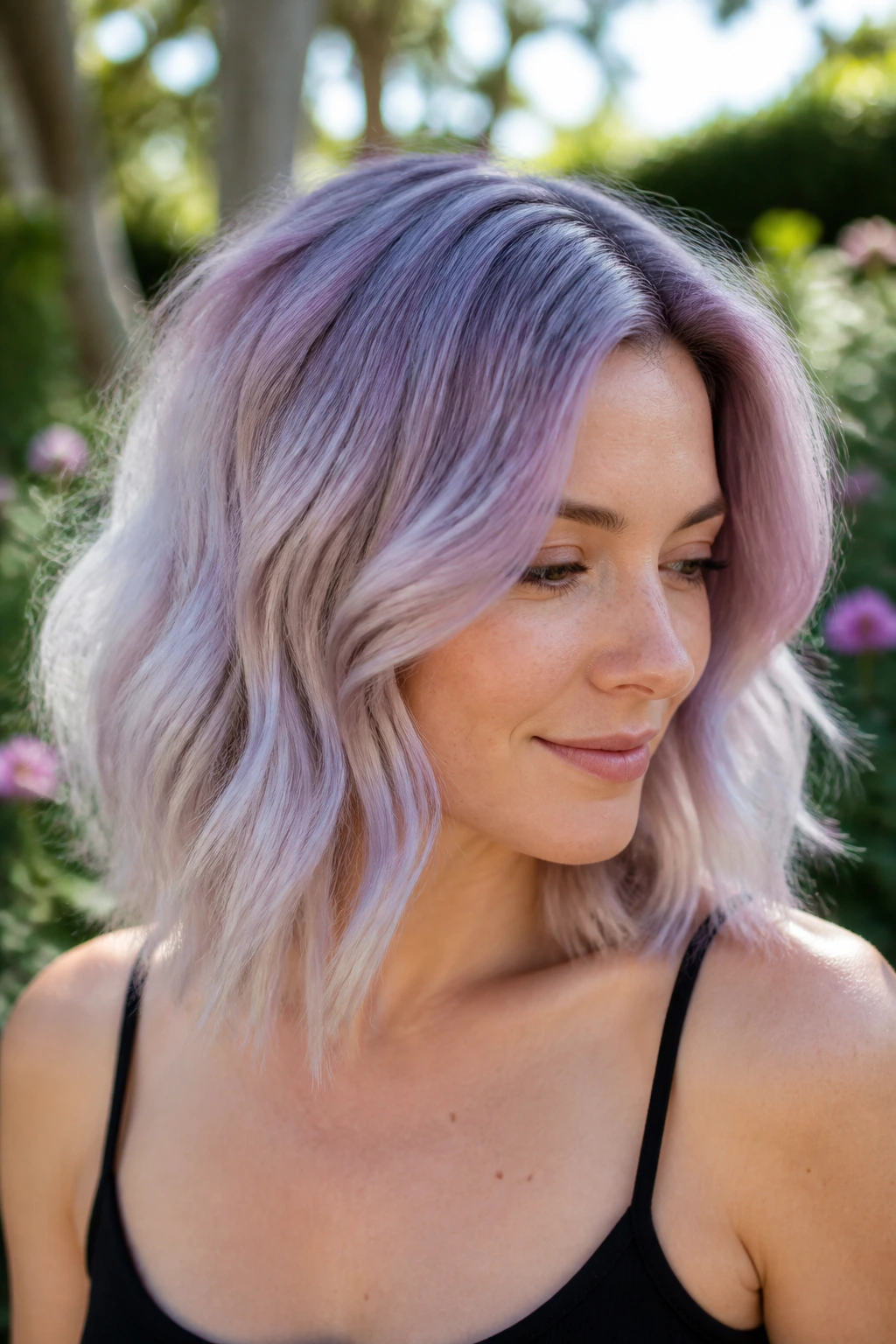 Portrait of a real person with lavender smoke hair and silver roots on shoulder-length hair.