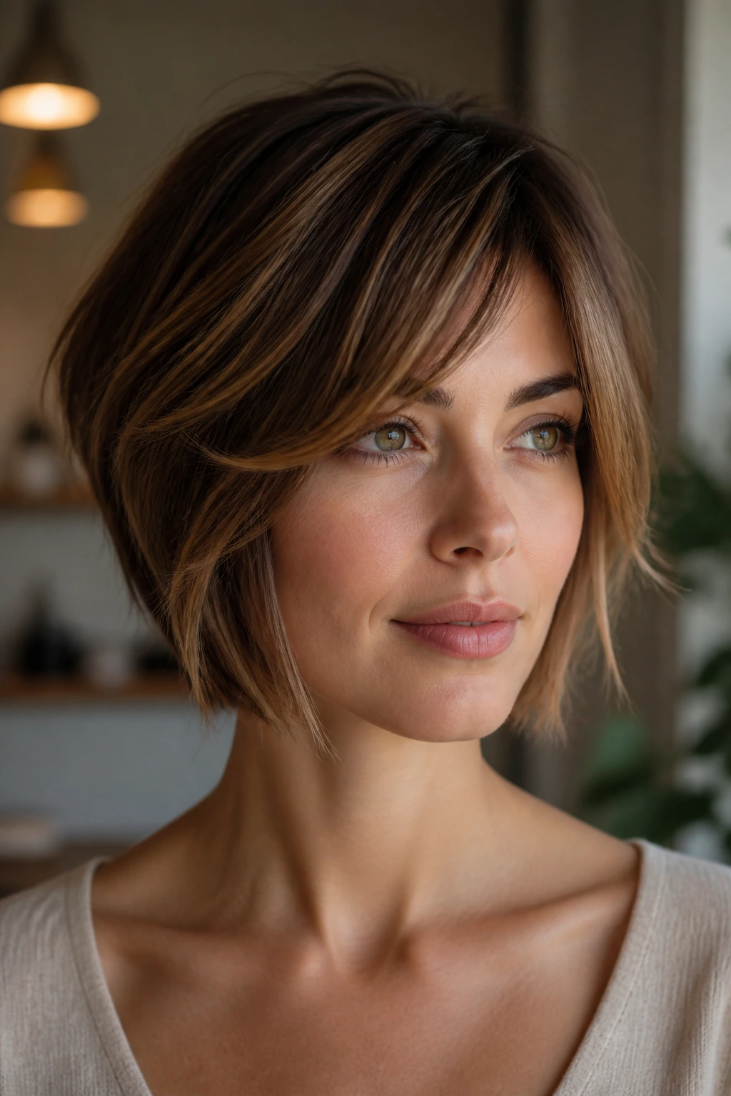 Portrait of a woman with short layered hairstyle showing cheekbone-length front pieces