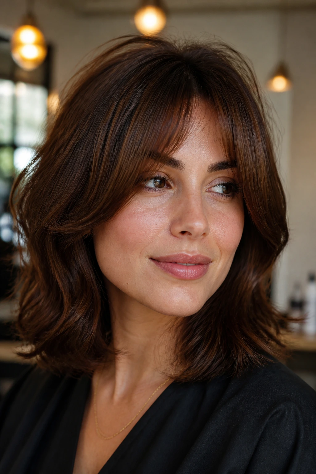 Close-up of a real woman showing lifted layered hair in a salon