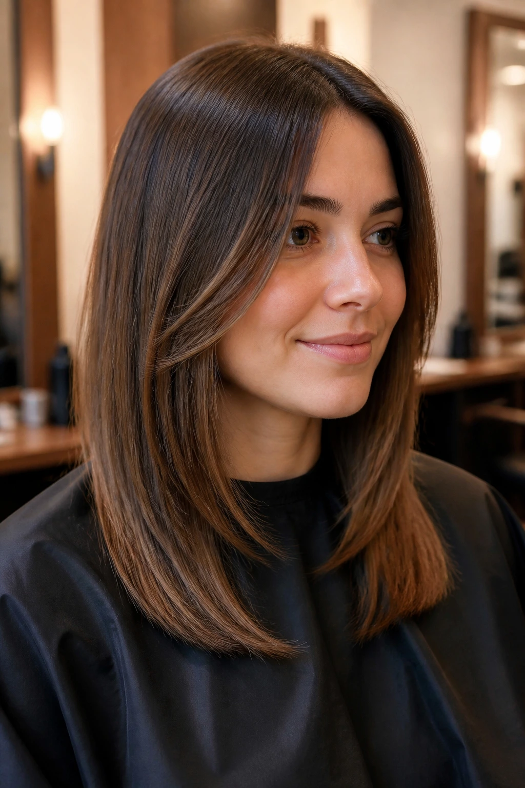 Portrait of a real woman in a salon chair with layered haircut and clear layer map.