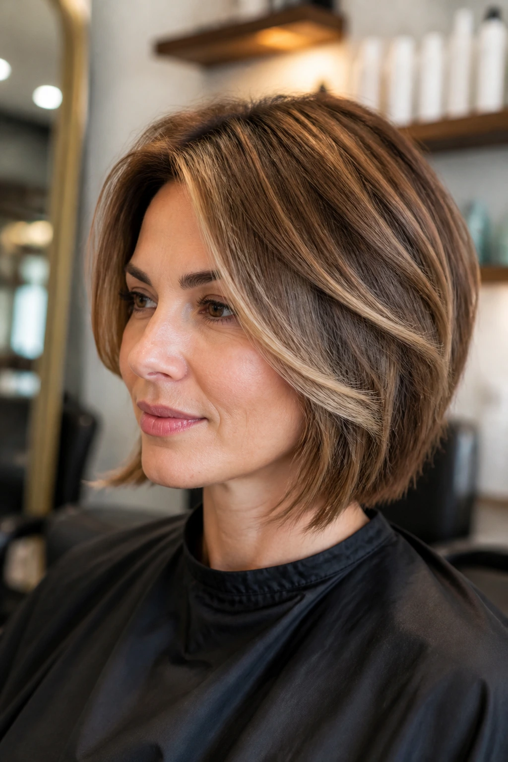 Portrait of real woman showing layer pattern in a bob around the face.