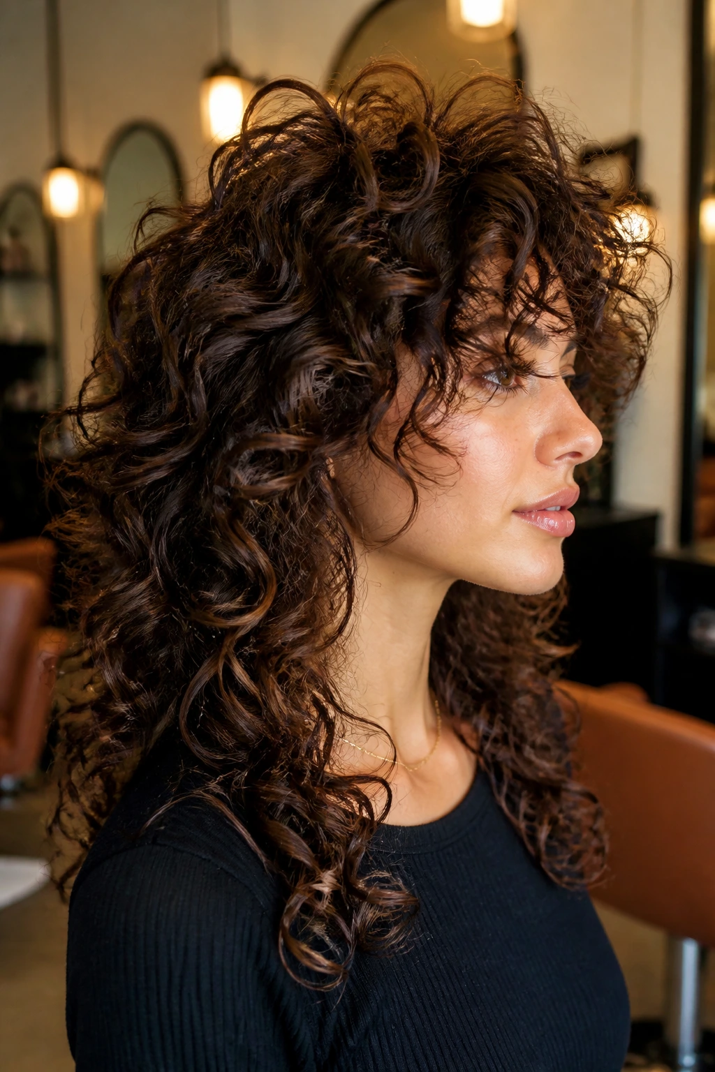 Close-up of layered curls around the crown on a real person
