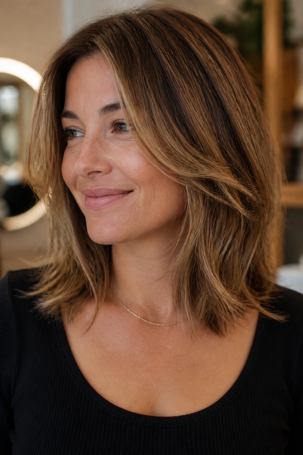 Real person with shoulder-length layered hair showing pattern