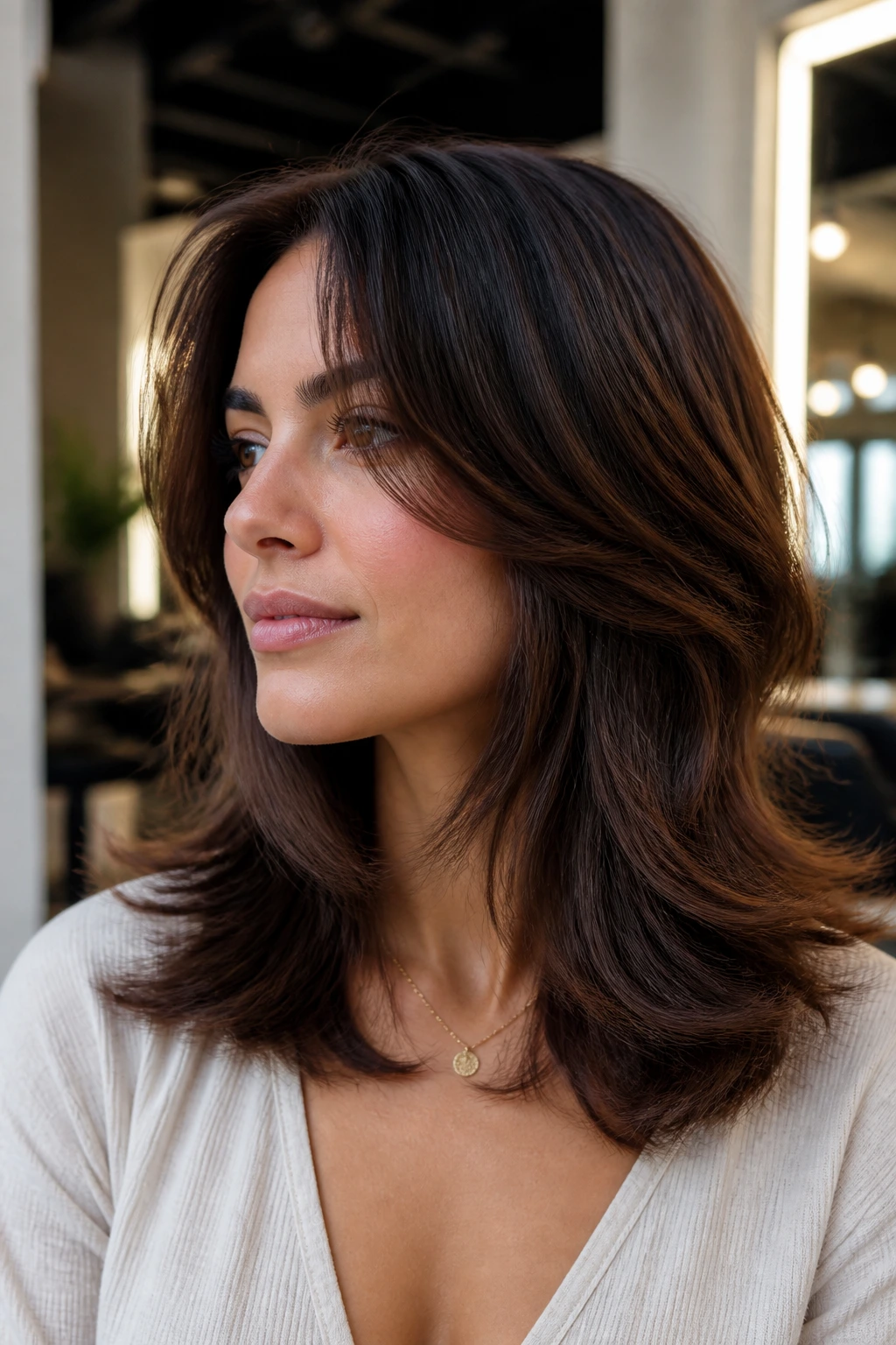 Portrait of shoulder-length layered hair showing pattern for length and texture.