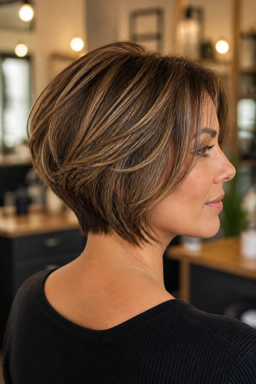 Portrait showing right layer pattern in a short layered haircut
