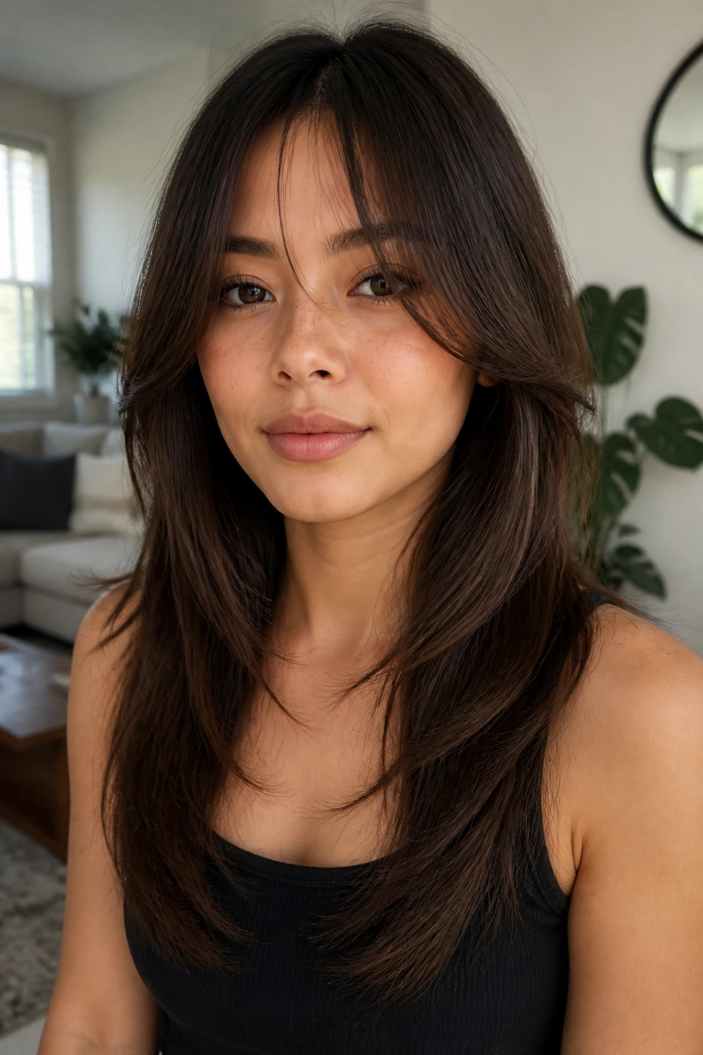Portrait of a woman showing layered pattern suited to straight hair