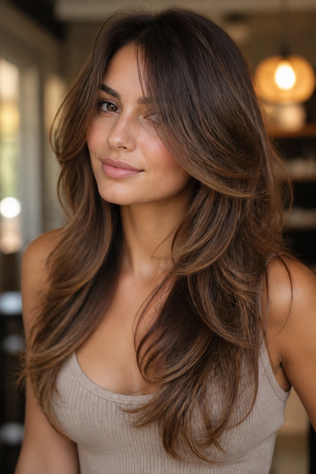 Portrait of a woman with visible layer patterns in long hair