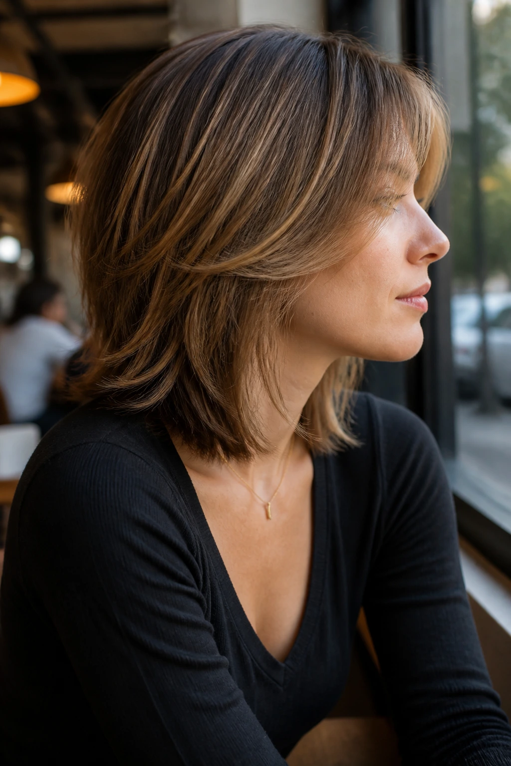 Side-profile portrait of a woman showing chin-to-collarbone layering in medium-length hair