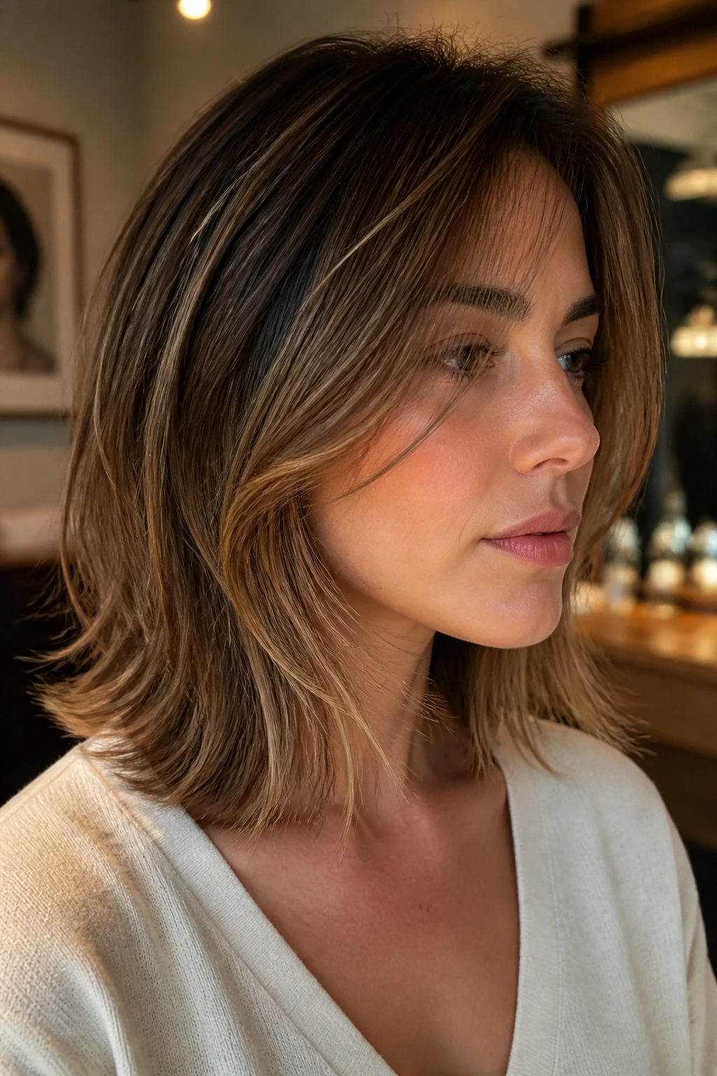 Close-up of a real person showing cheekbone-framing front layers