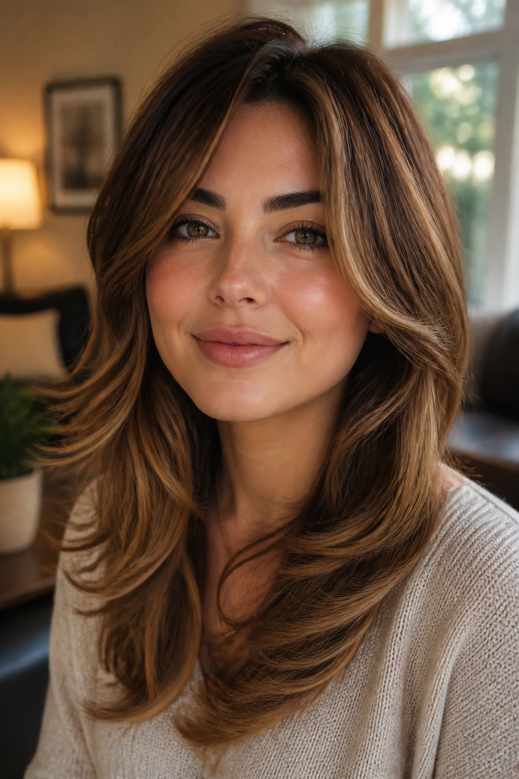 Close-up of a person showing layer placement on a round face with crown lift