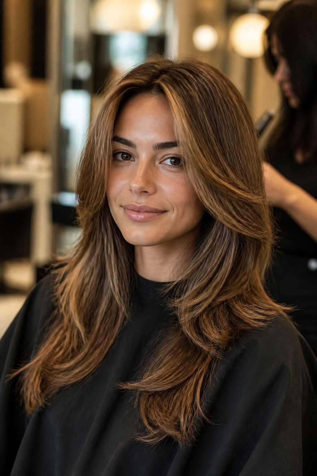 Close-up portrait of a real woman showing layered crown and face-framing hair in a salon setting