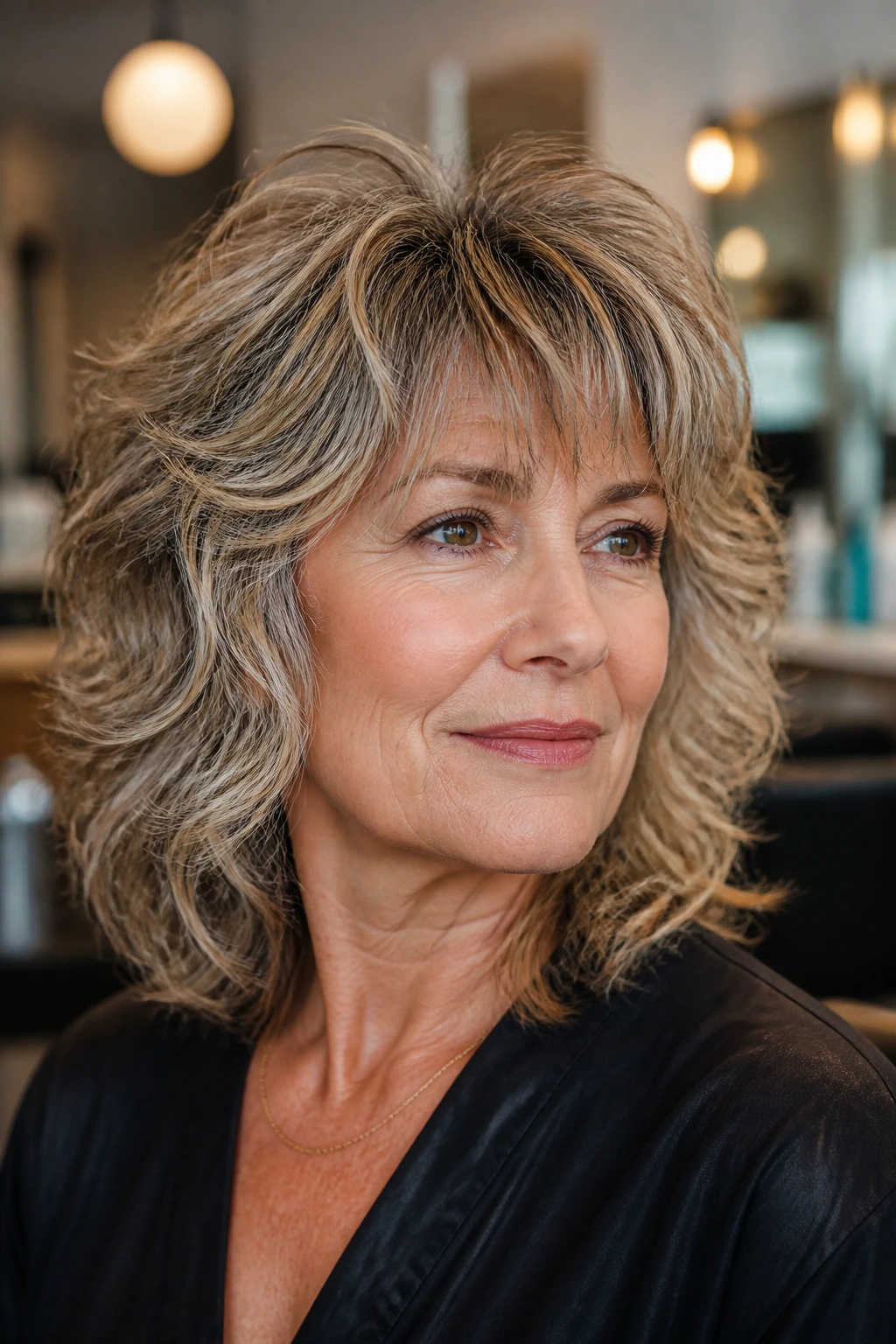 Close-up of a real woman showing layered wavy shag with crown lift
