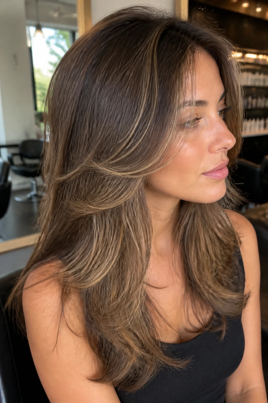 Portrait of a real woman with a softly layered haircut showing variation.