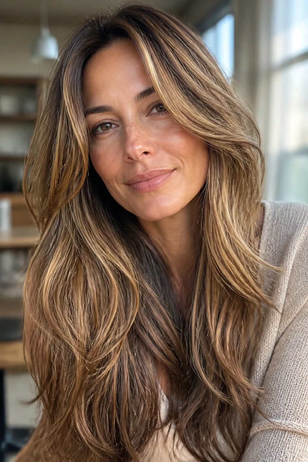Close-up of a real woman with long layered hair showing soft lift around the face and gentle texture.