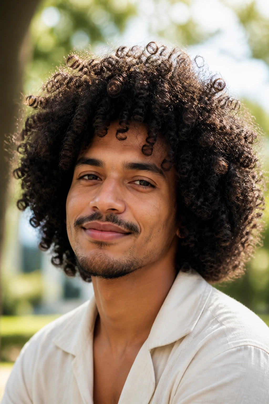 Close-up of a man with layered afro curls outdoors