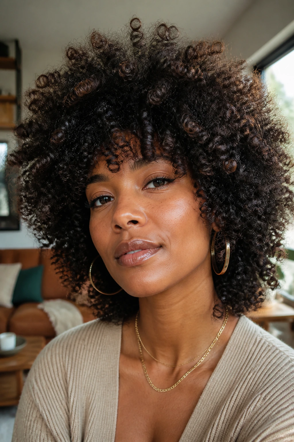 Close-up of a real woman with layered Afro shag hairstyle in warm home lighting