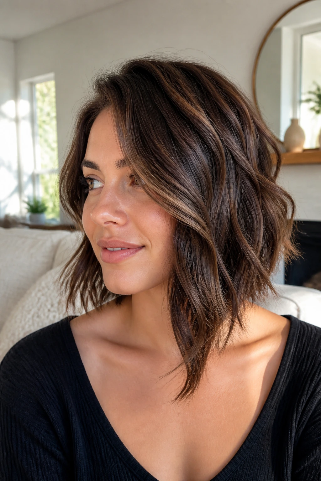 Close-up of a real woman wearing layered asymmetrical bob designed for waves