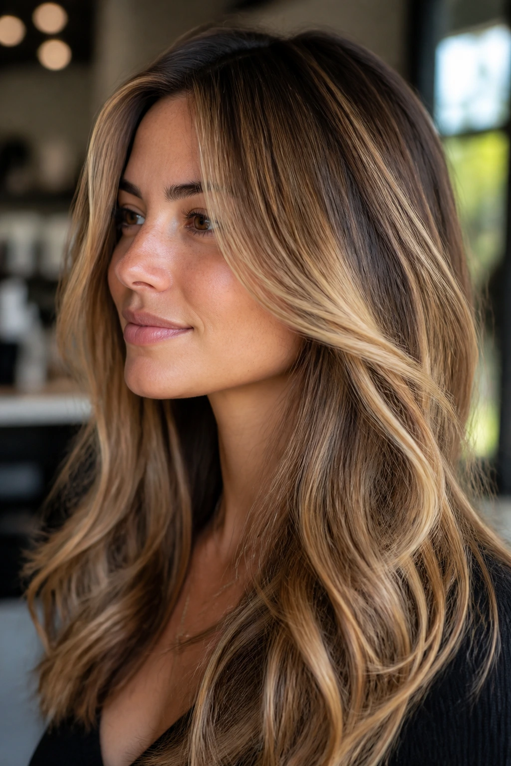 Close-up portrait of a real person with layered balayage showing movement on face-framing pieces