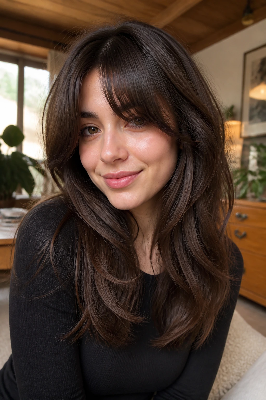 Close-up of a real woman with layered bangs blending front and side layers
