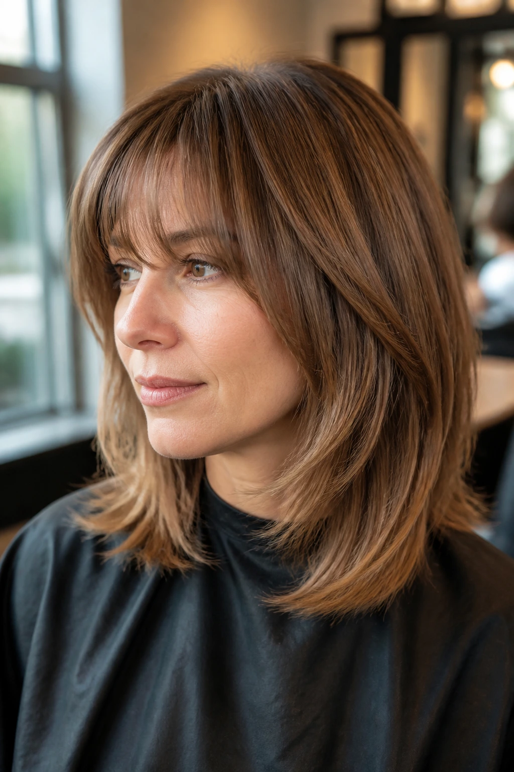 Close-up portrait of a woman with layered bangs showing weight and density in fine hair