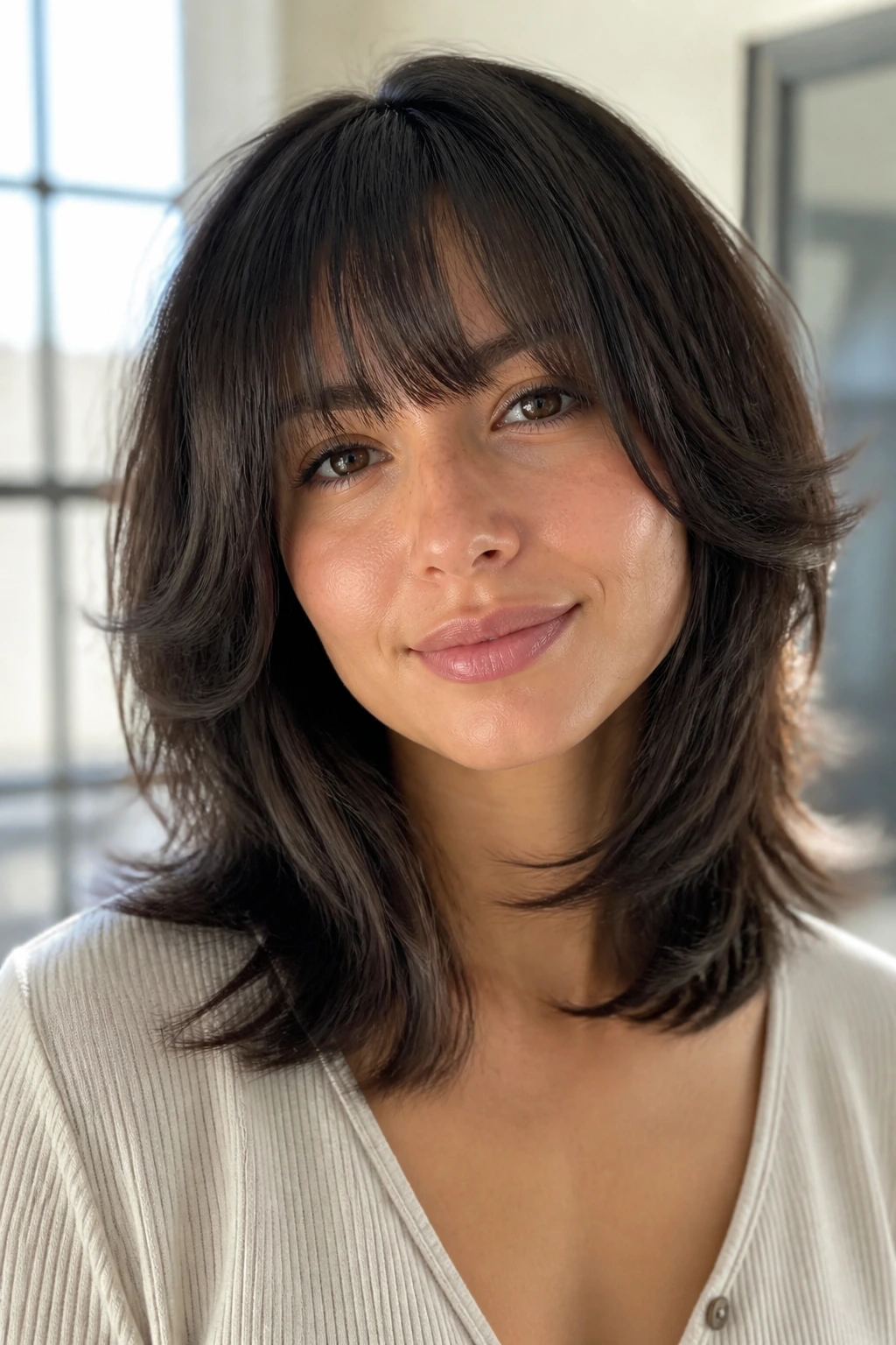 Close-up portrait showing front layers and bangs framing the face