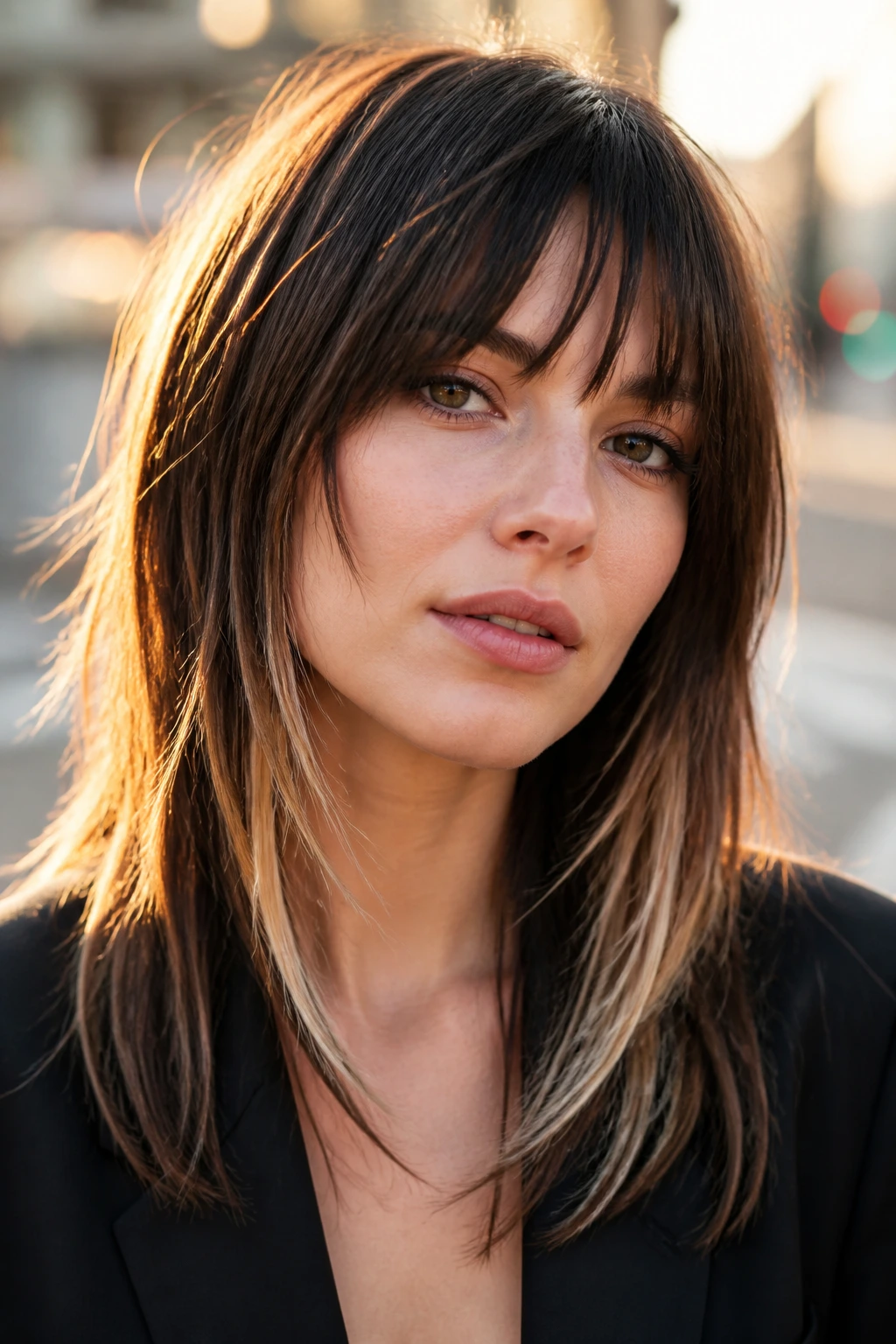 Close-up portrait of a woman with razor-cut layered hair and choppy bangs