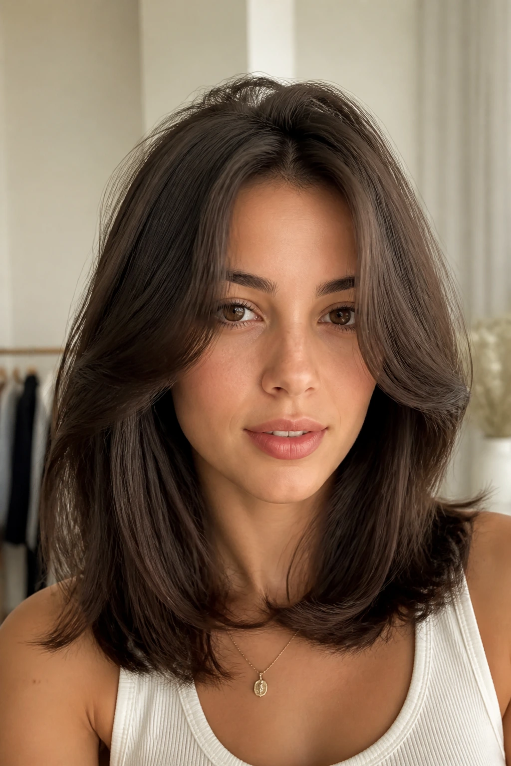 Real person with layered blowout bangs and root lift in a bright dressing room.