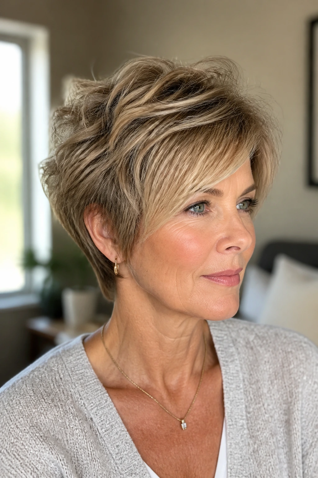 Close-up portrait of woman with layered bixie cut